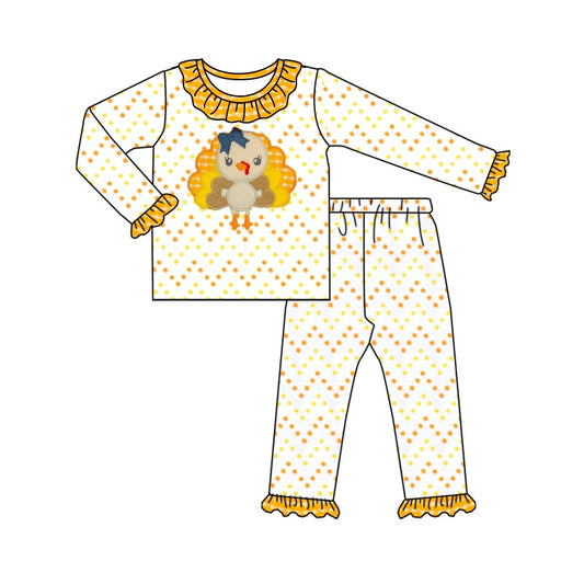 Preorder GLP1603 NO MOQ Turkey yellow-orange polka dot plaid lace white long sleeve pants pajamas set