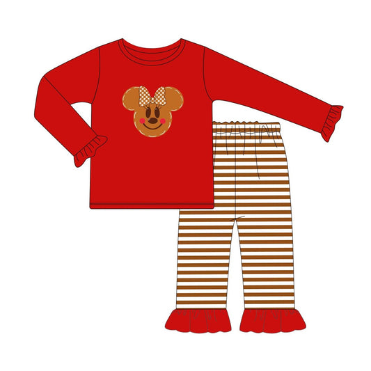 Preorder GLP1605 NO MOQ Mickey Red Long sleeve Brown striped lace pantsuit