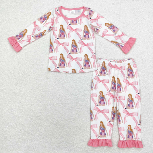 GLP1606 NO MOQ taylor Bow patterned Pink lace White long sleeve pants pajama set