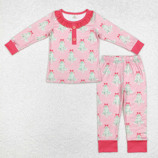 GLP1610 Modal Christmas Tree bow patterned lace pink long sleeve pants pajama set