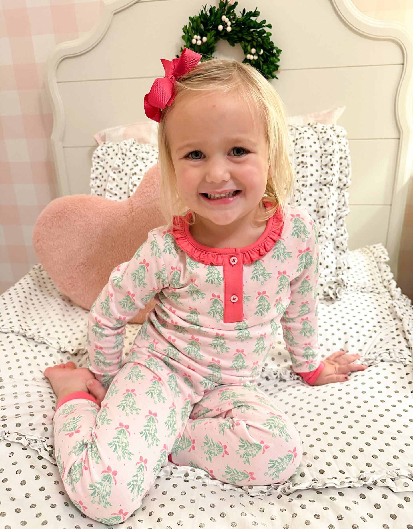 Preorder GLP1610 NO MOQ Christmas Tree bow pattern lace pink long sleeve pants pajamas set