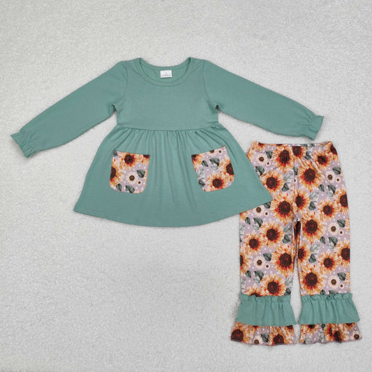 GLP1612 Green long sleeve pant suit with sunflower flower pocket new arrival