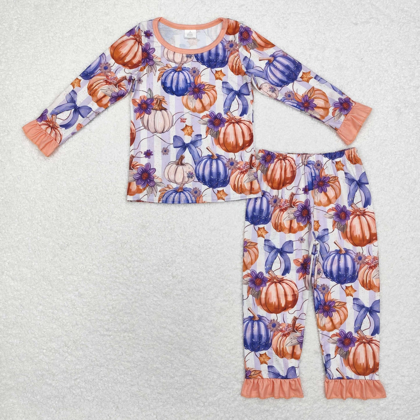 GLP1619 Modal Melon Orange lace purple striped long sleeve pant pajama set