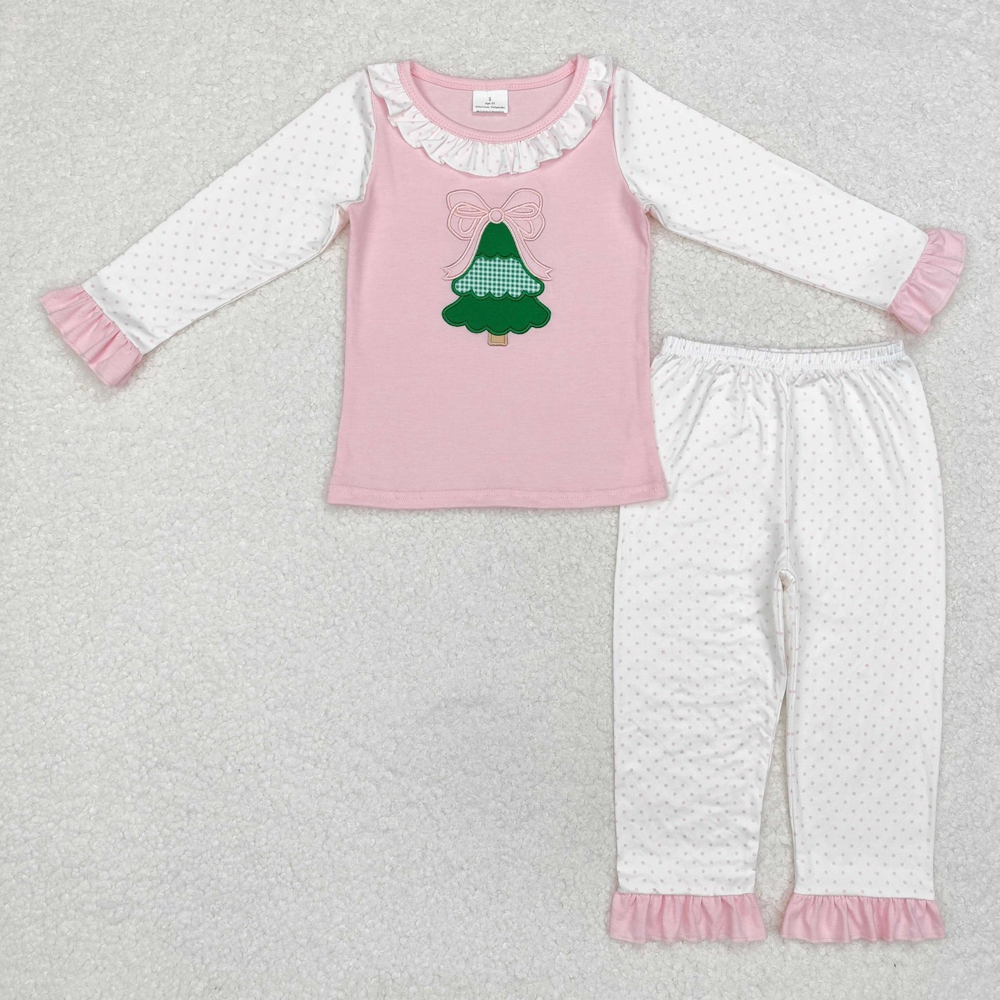 GLP1628 Embroidered Christmas tree bow polka dot lace pink and white long sleeve pants pajamas set