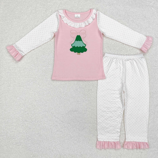 GLP1628 Embroidered Christmas tree bow polka dot lace pink and white long sleeve pants pajamas set