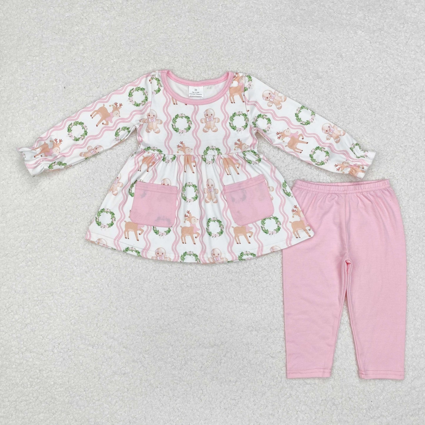 GLP1629 Gingerbread Man Fawn Wreath pocket pink and white long sleeve pant suit