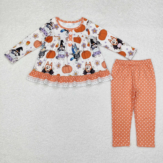 GLP1651 bluey Halloween Pumpkin Flower Candy polka dot Orange lace long sleeve pantsuit