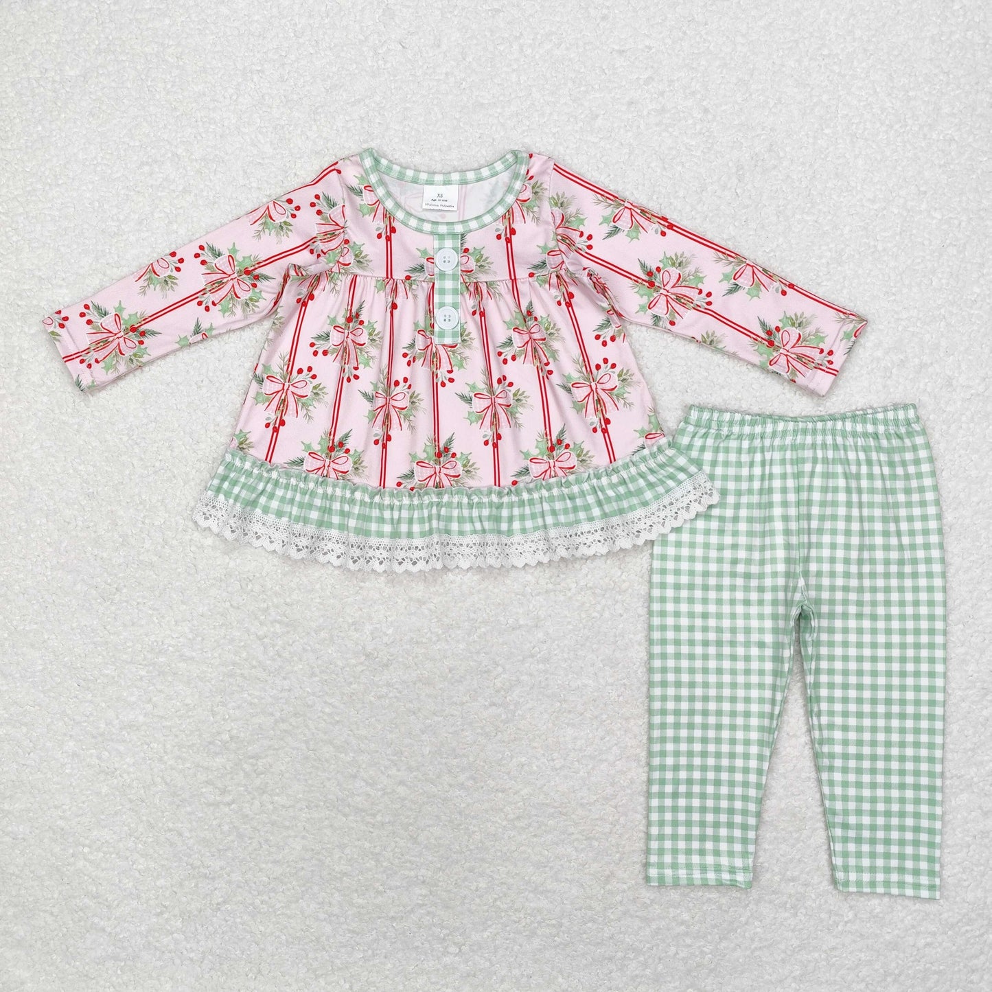 GLP1663 Christmas bow print Green plaid lace pink long sleeve pantsuit