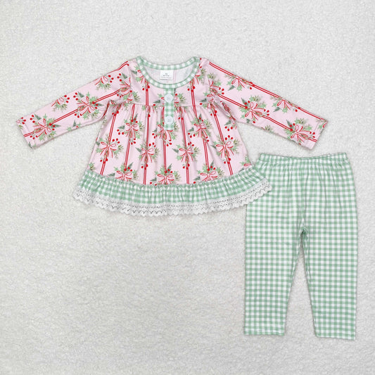 GLP1663 Christmas bow print Green plaid lace pink long sleeve pantsuit