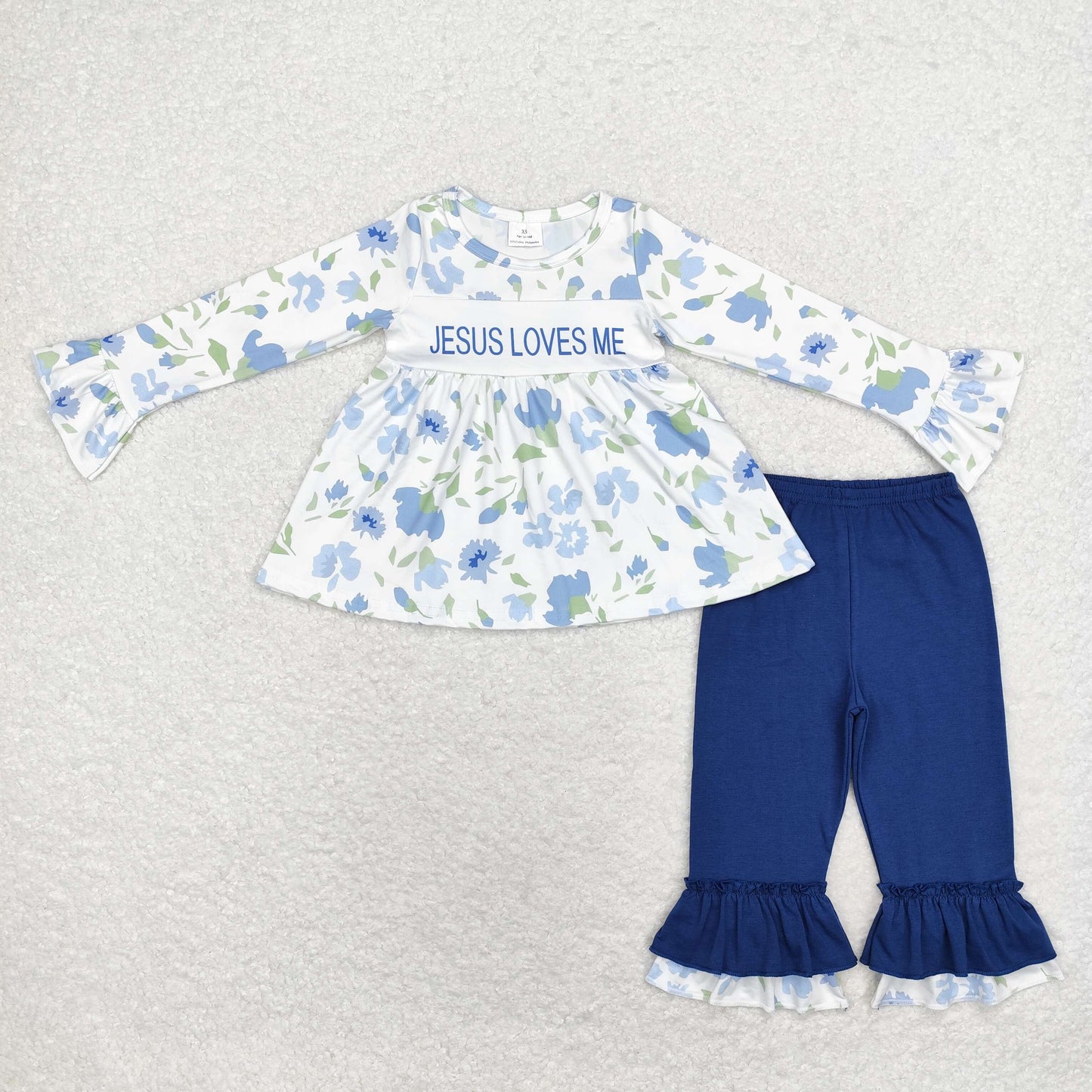 GLP1669 jesus loves me floral long-sleeved blue pantsuit