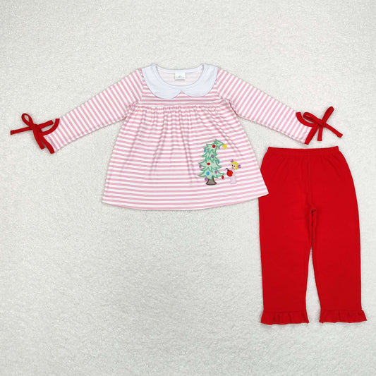 GLP1677 Embroidered Christmas tree pink striped collar long sleeve top Red pantsuit