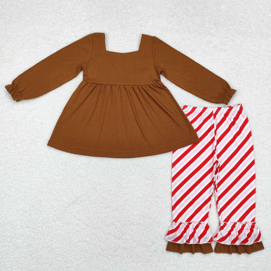 GLP1682 Brown long sleeve top with bow pattern red pink striped double lace trouser suit