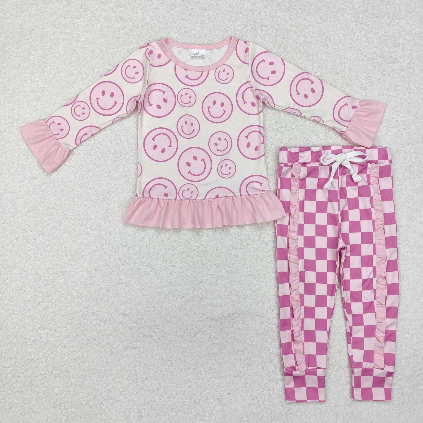 GLP1722 Smile Face Pink Ruffle Long Sleeve Pants Girls Sets RTS 202509
