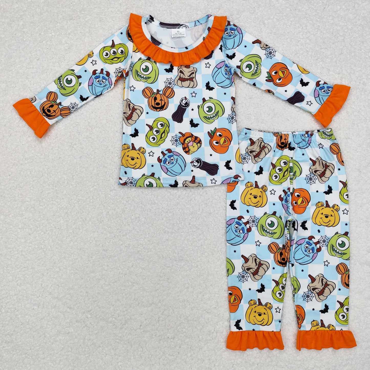 GLP1738 Halloween Monsters University Orange Lace blue and white plaid long sleeve pants pajamas set