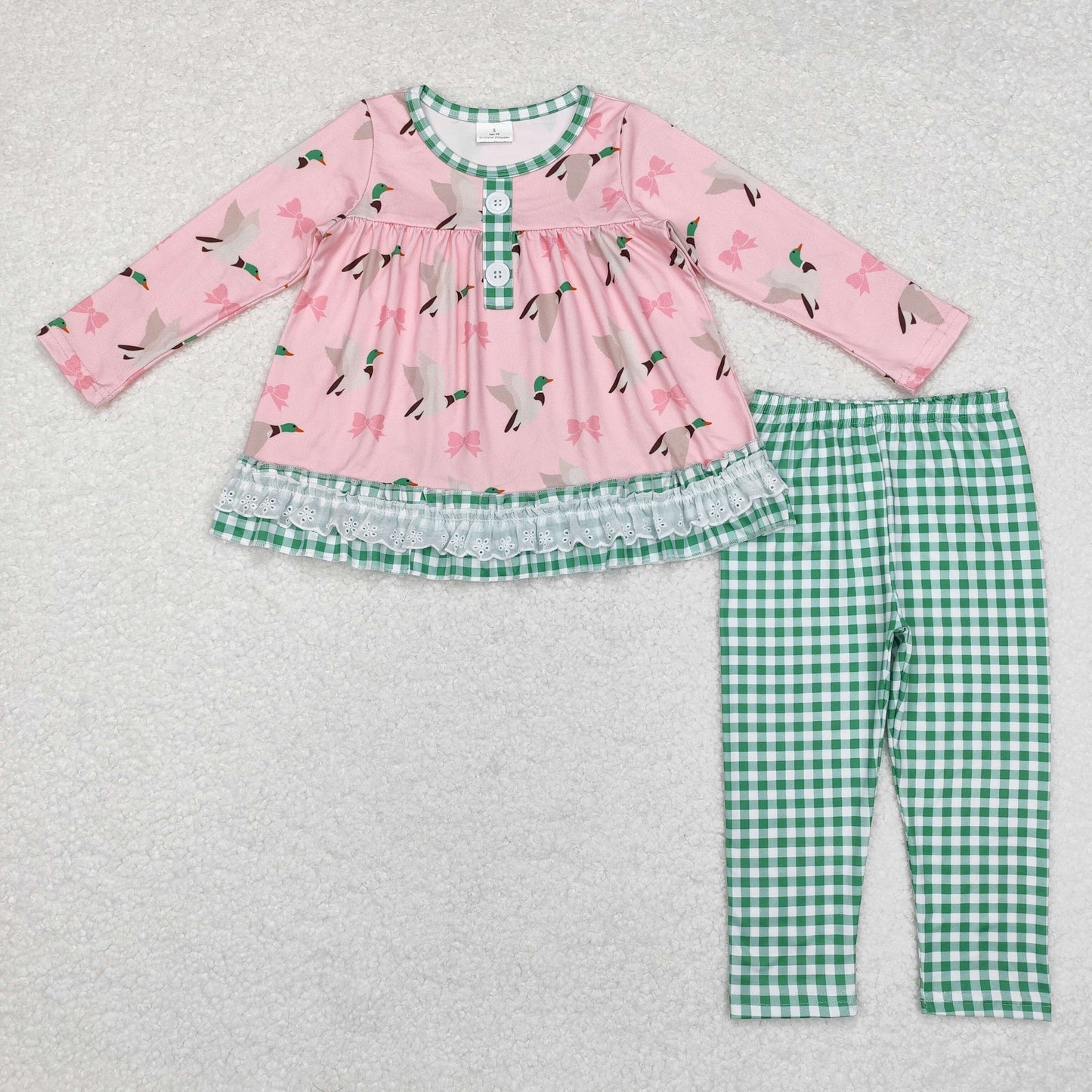 GLP1753 Duck bow Pattern Green plaid lace lace long sleeve pantsuit in pink
