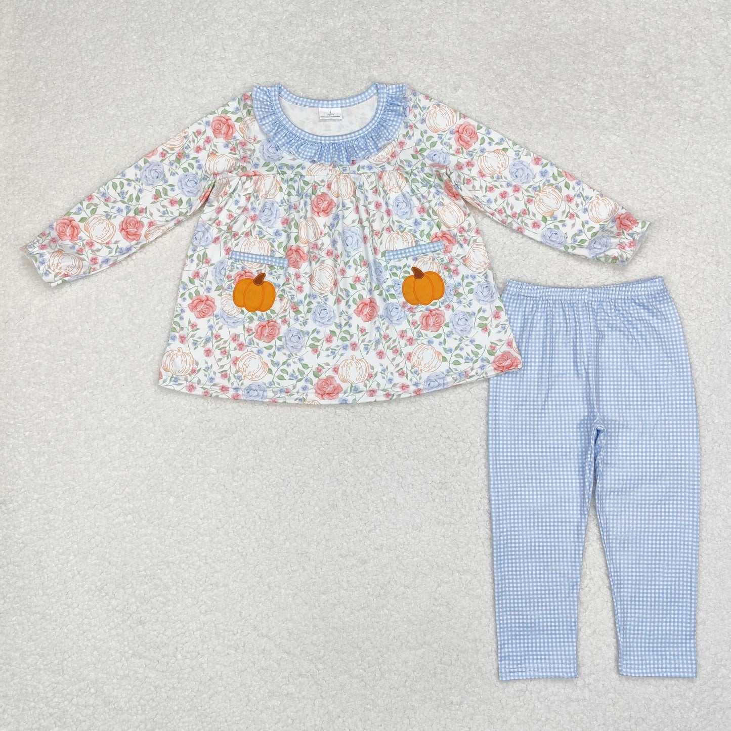 GLP1767 Flower pumpkin pocket blue plaid lace long sleeve pantsuit