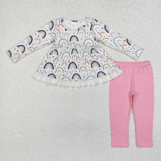 GLP1787 Rainbow Heart Lace Ruffle Long Sleeve Pink Pants Girls Sets RTS 202509