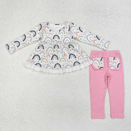 GLP1787 Rainbow Heart Lace Ruffle Long Sleeve Pink Pants Girls Sets RTS 202509