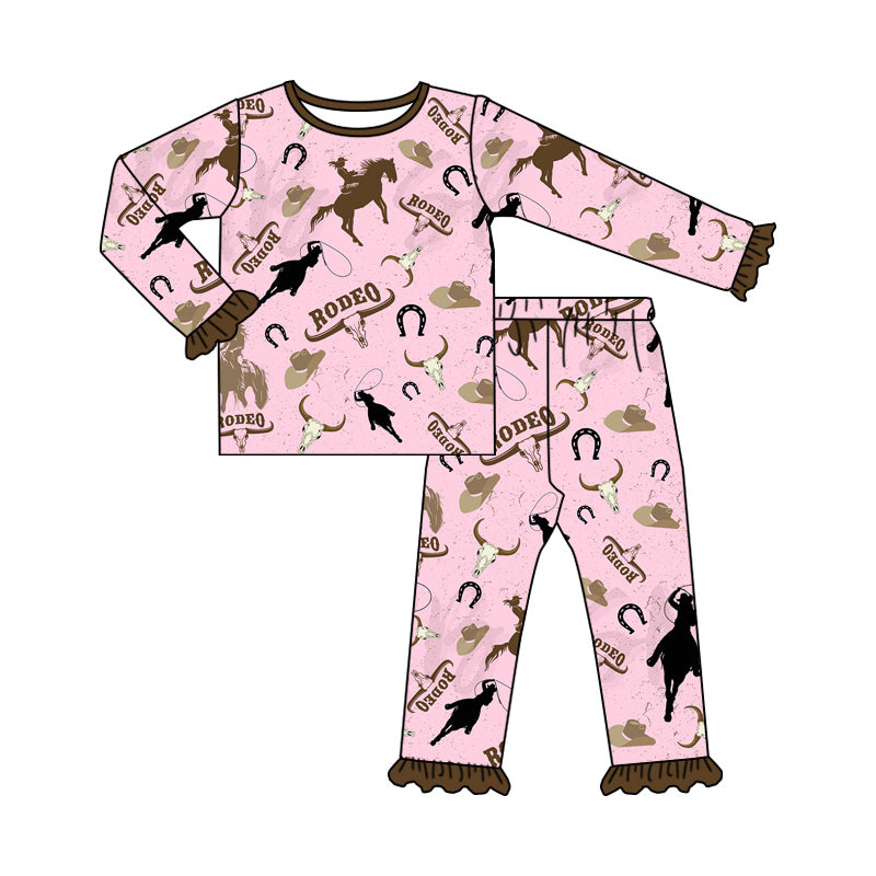 Preorder GLP1789 rodeo Riding Alpine Bull Head Brown lace pink long sleeve trousers pajama set