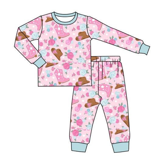 Preorder GLP1790 Flower boots hat Blue border pink long sleeve trousers pajama set