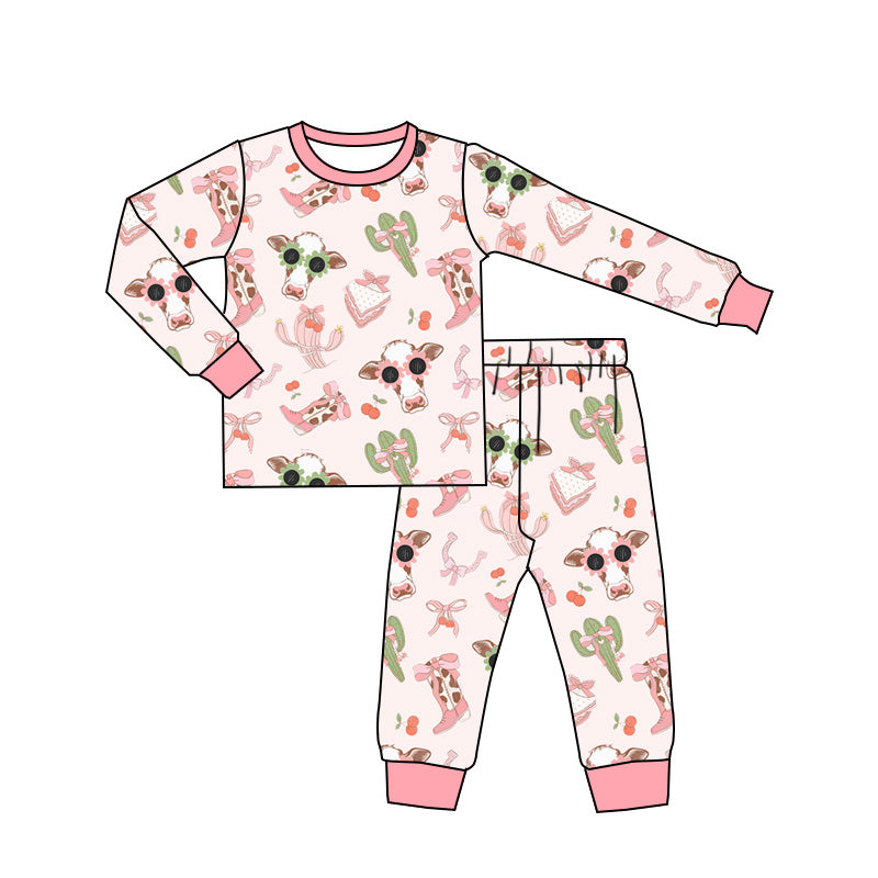 Preorder GLP1791 Cactus glasses cow bow boots Pink long sleeve trousers pajama set