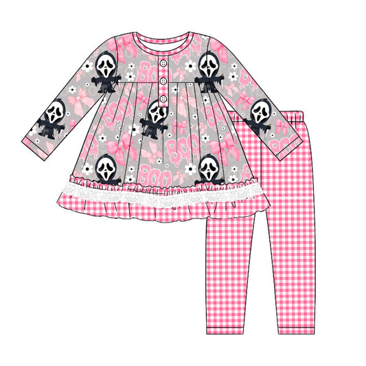 Preorder GLP1793 boo Mask Flower bow pattern plaid lace grey long sleeve pantsuit