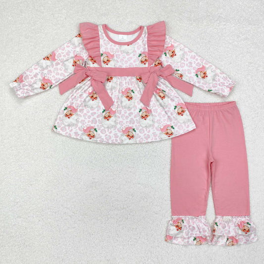 GLP1795 Christmas Santa Claus Leopard Bows Pink Ruffle Long Sleeve Pant Girls Sets RTS 202509