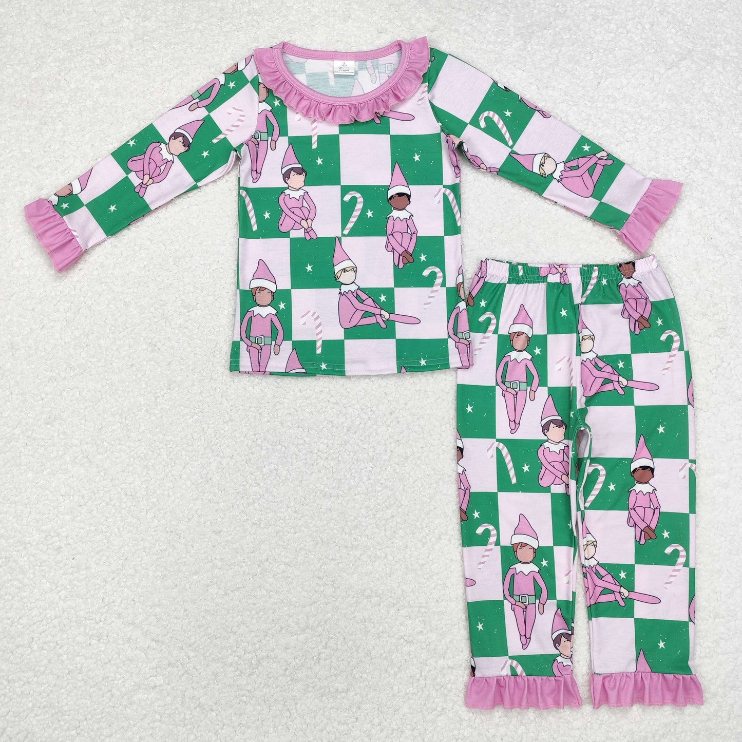 GLP1843 Modal Christmas Elf Crutch Lace Green and pink plaid long-sleeved pant pajaya set