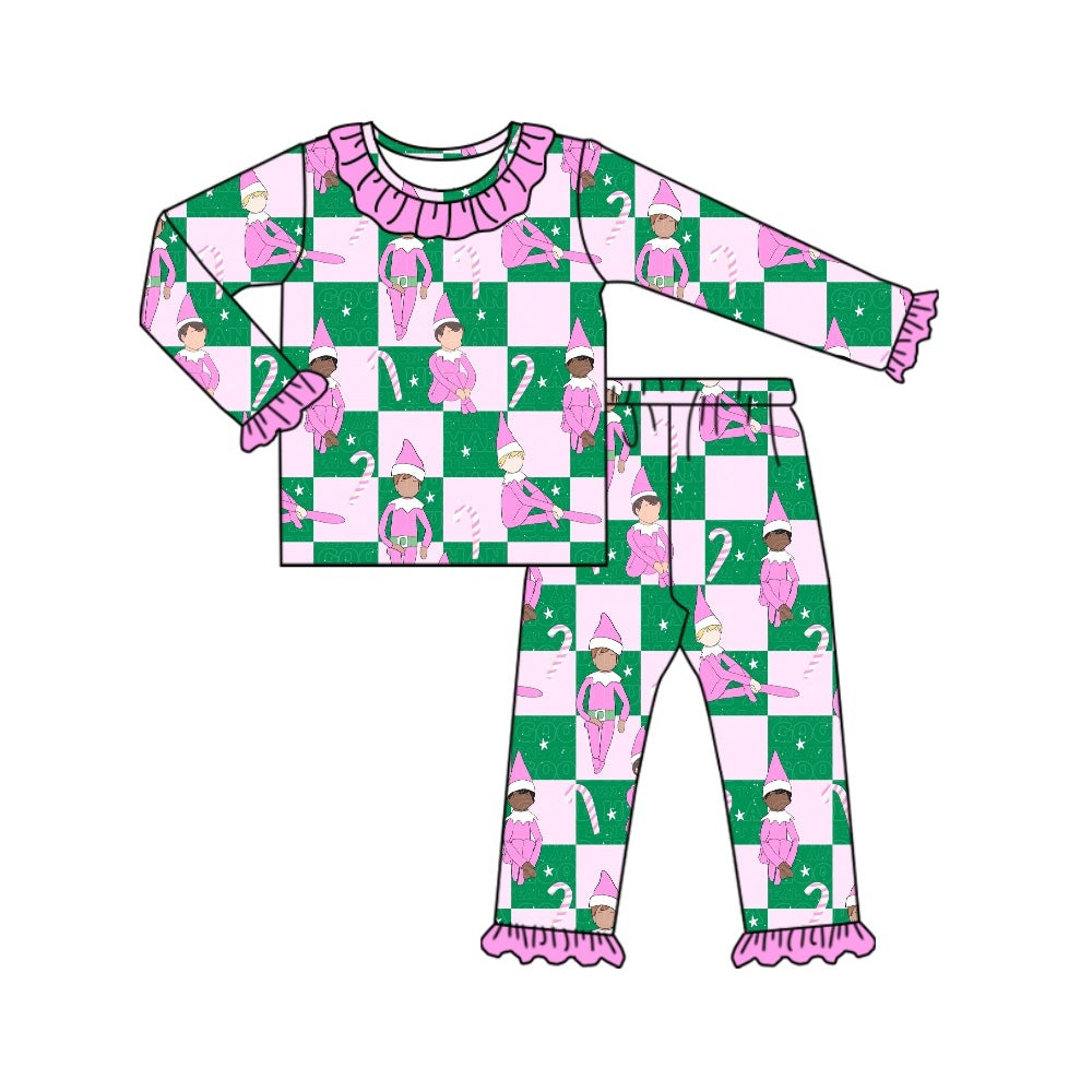 Preorder GLP1843 Christmas Elf Crutch Lace green and pink plaid long sleeve pants pajama set