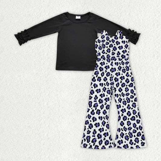 GLP1847 Black long-sleeved purple leopard print white strap onesie set