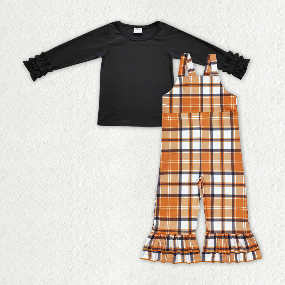 GLP1848 Black long-sleeved orange plaid suspenders jumpsuit