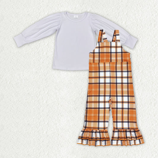 GLP1849 White long-sleeved orange plaid suspenders jumpsuit