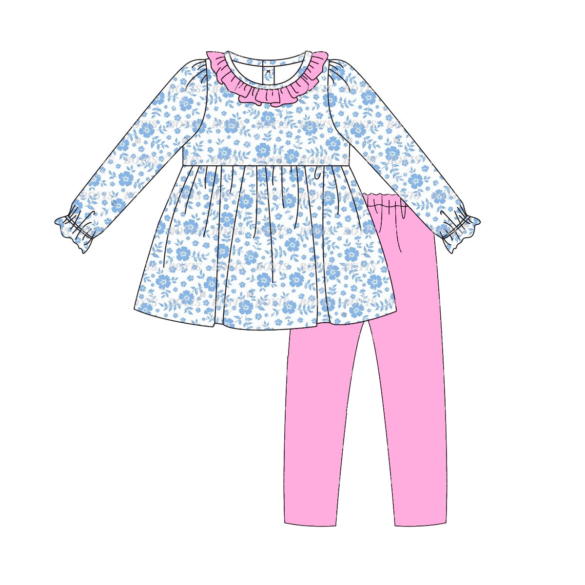 Preorder GLP1875 Long sleeve pantsuit with blue flowers and pink lace