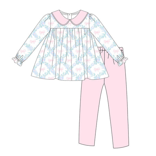 Preorder GLP1876 Bow pattern flower leaf pink doll collar white long sleeve pants suit