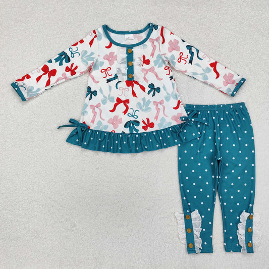 GLP1877 Christmas Bow Polka Dot Ruffle Long-Sleeved Pants Girls Sets RTS 202509