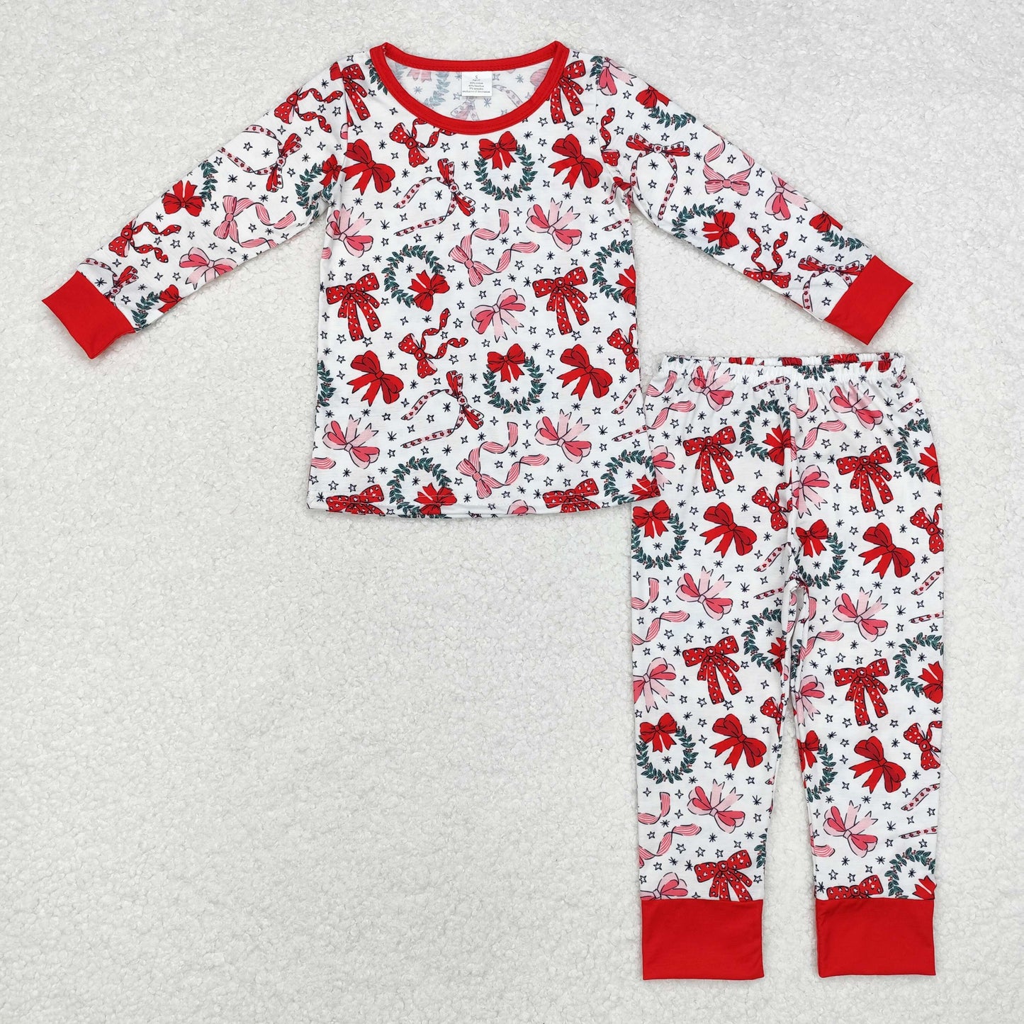 GLP1879 Modal Christmas Star wreath bow pattern Red and white long sleeve trousers pajamas set