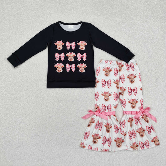 GLP1893 Bow and Bull Head Black Pink Long-Sleeved Bell Bottom Pants Girls Sets RTS 202509