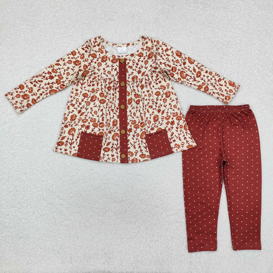 GLP1894 Floral Polka Dot Brown Pockets Beige Long Sleeve Pant Girls Sets RTS 202509