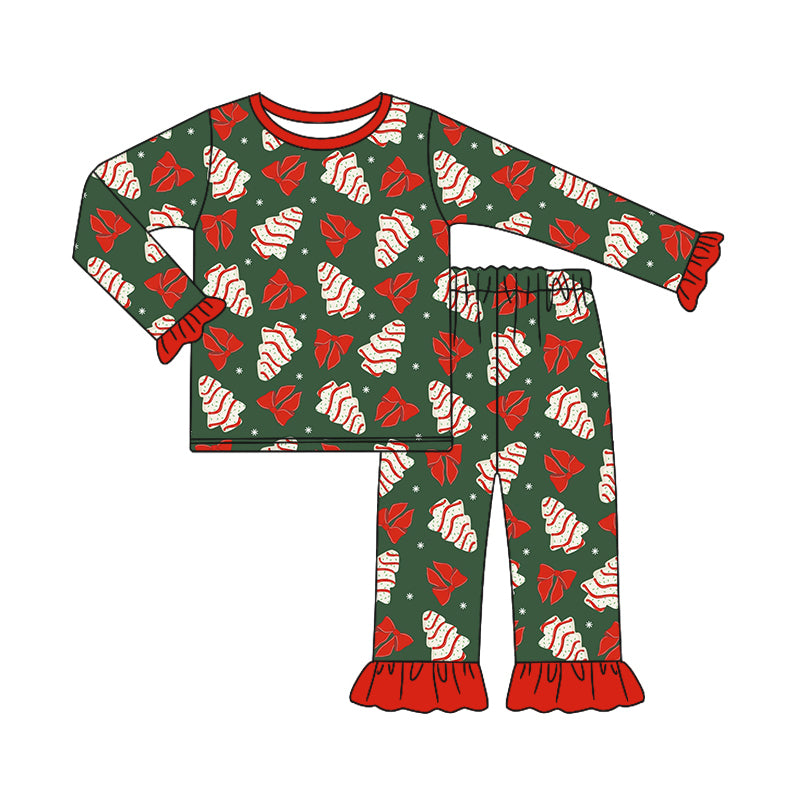 Preorder GLP1897 Christmas cookie bow pattern red green long sleeve pants pajamas set