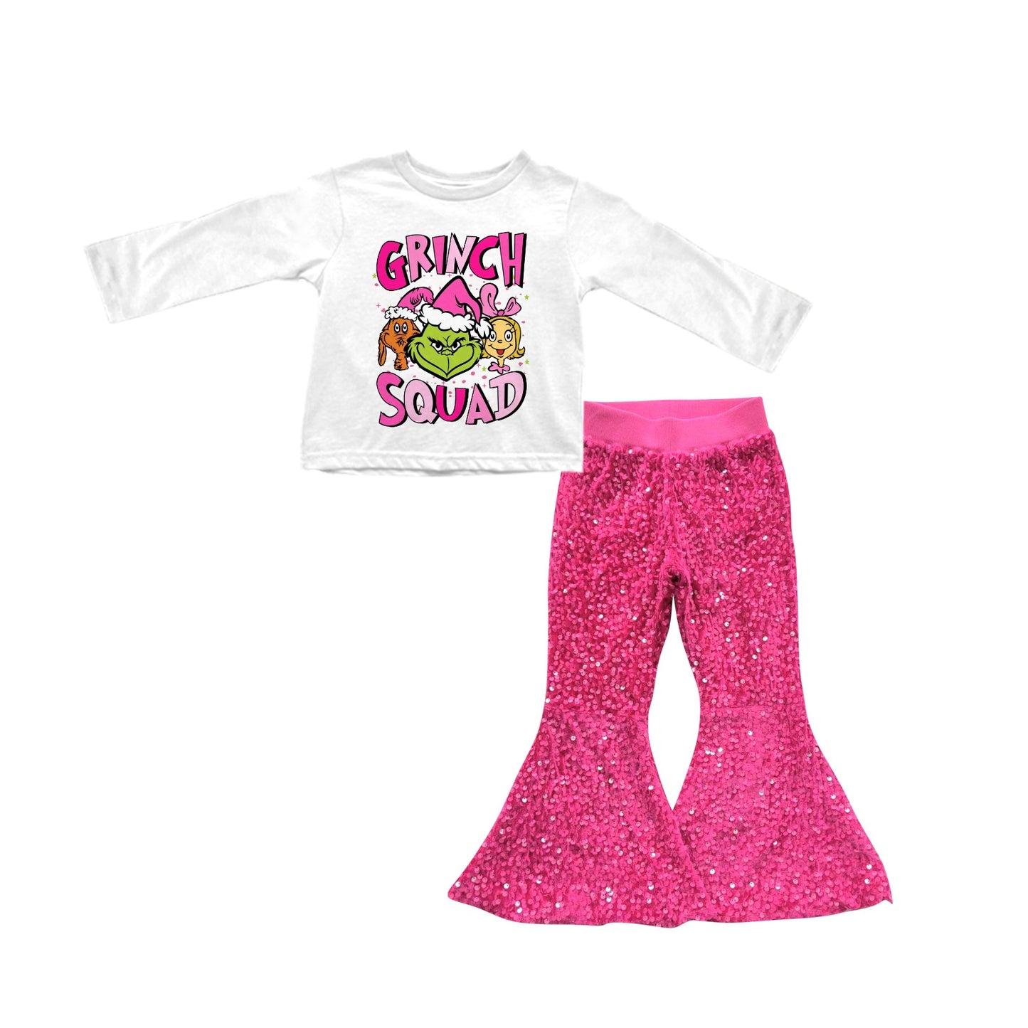 Preorder GLP1898 grinch squad White long-sleeved rose-red sequin pantsuit