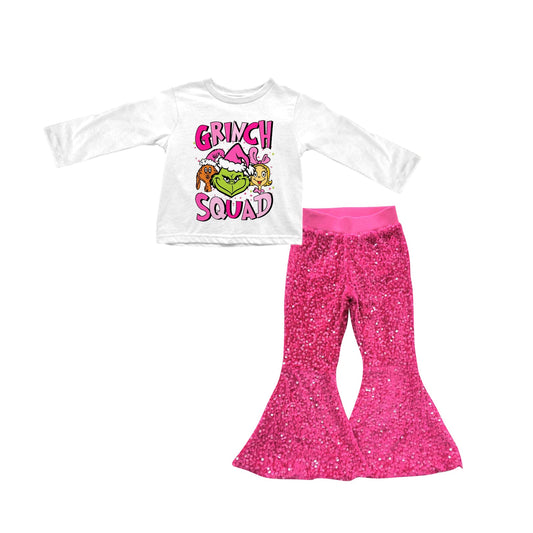 Preorder GLP1898 grinch squad White long-sleeved rose-red sequin pantsuit