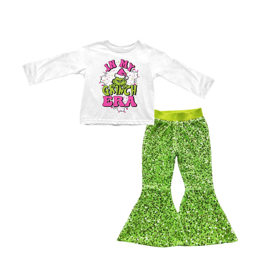 Preorder GLP1899 grinch era white long-sleeved fluorescent green sequin pantsuit