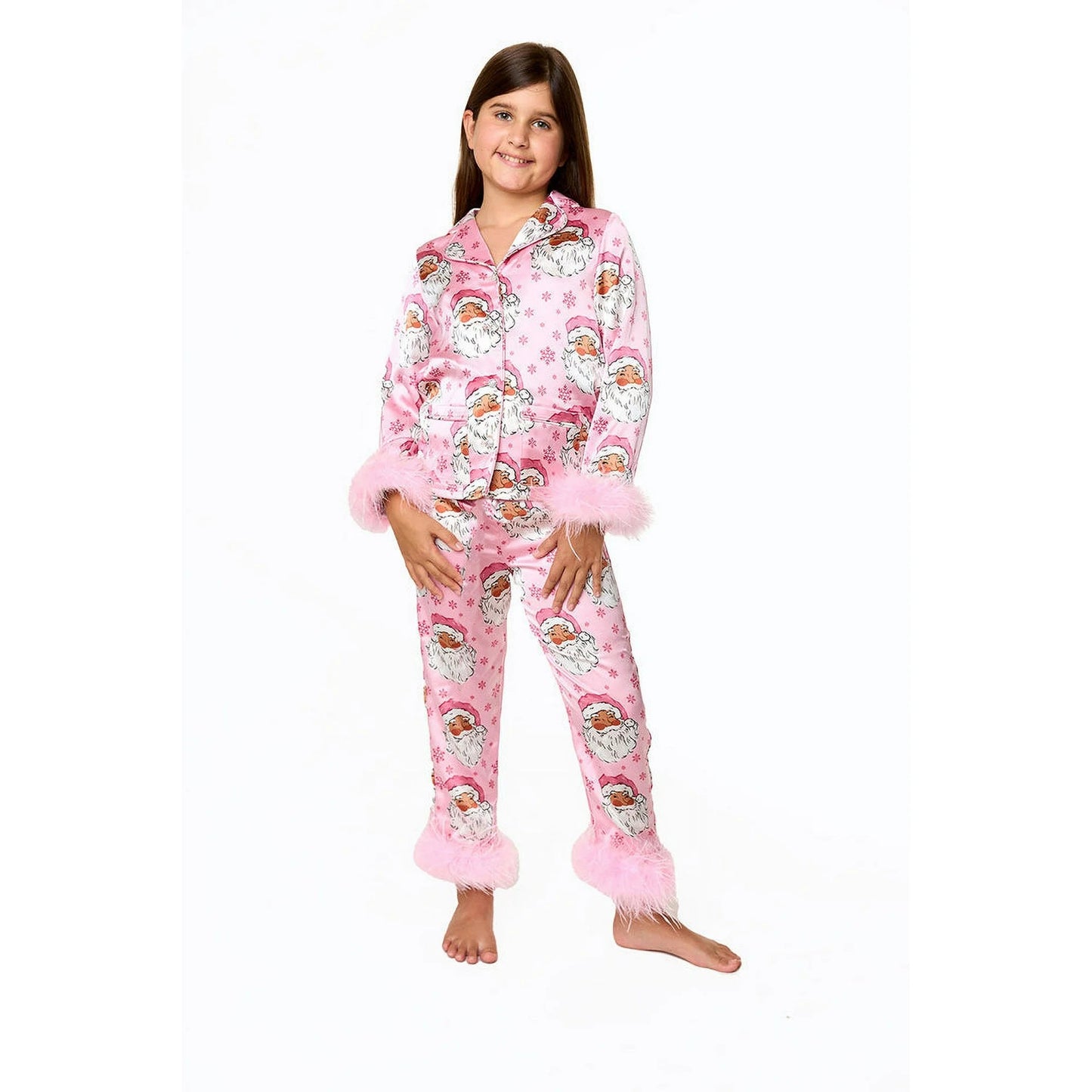 Preorder GLP1900 Santa Claus snowflake pink plush border long sleeve pants pajamas set