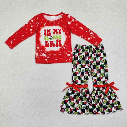 GLP1902 Christmas Grinch Era Red Long-Sleeved Plaid Pants Girls Set RTS 202509