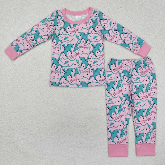 GLP1911 Cowgirl Riding Horse Jewel Pink Long Sleeve Pants Girls Pajama Sets RTS 20241126