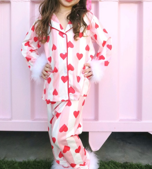 Preorder GLP1921 Love pink white striped plush edge long sleeve trousers pajamas set high quality