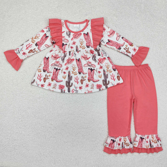 GLP1922 Cowgirl Boots Cactus Pink Ruffle Long-Sleeved Pants Girls Set RTS 202509
