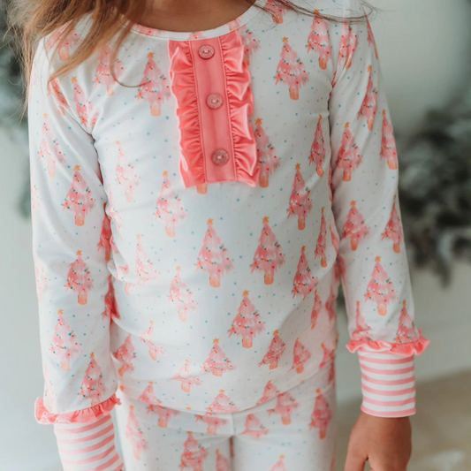 Preorder GLP1935 Christmas tree polka dot pink lace white long sleeve pants pajamas set