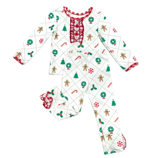 Preorder GLP1947 Christmas tree wreath gingerbread man crutch Red and white plaid lace White long sleeve trousers pajamas set high quality