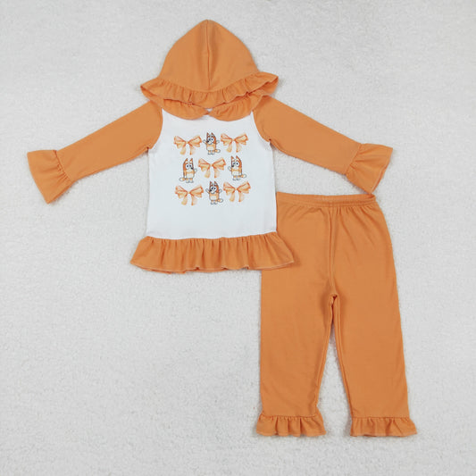 GLP1948 Cartoon Bluey Bows Orange Ruffle Hooded Long Sleeve Pant Girls Sets High Quality RTS 202509
